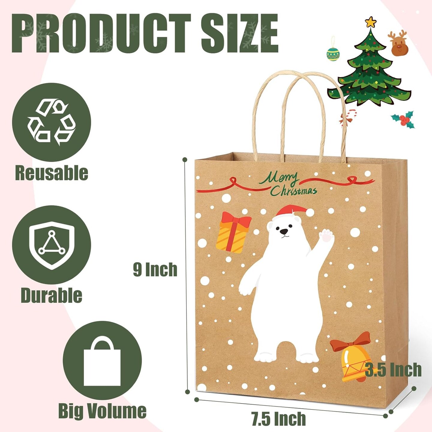 28 Pack Christmas Kraft Gift Bags with Handles, 9x7.5x3.5 Christmas Gift Bags, Christmas Goody Bags for Christmas Holidays Party Favors and Presents