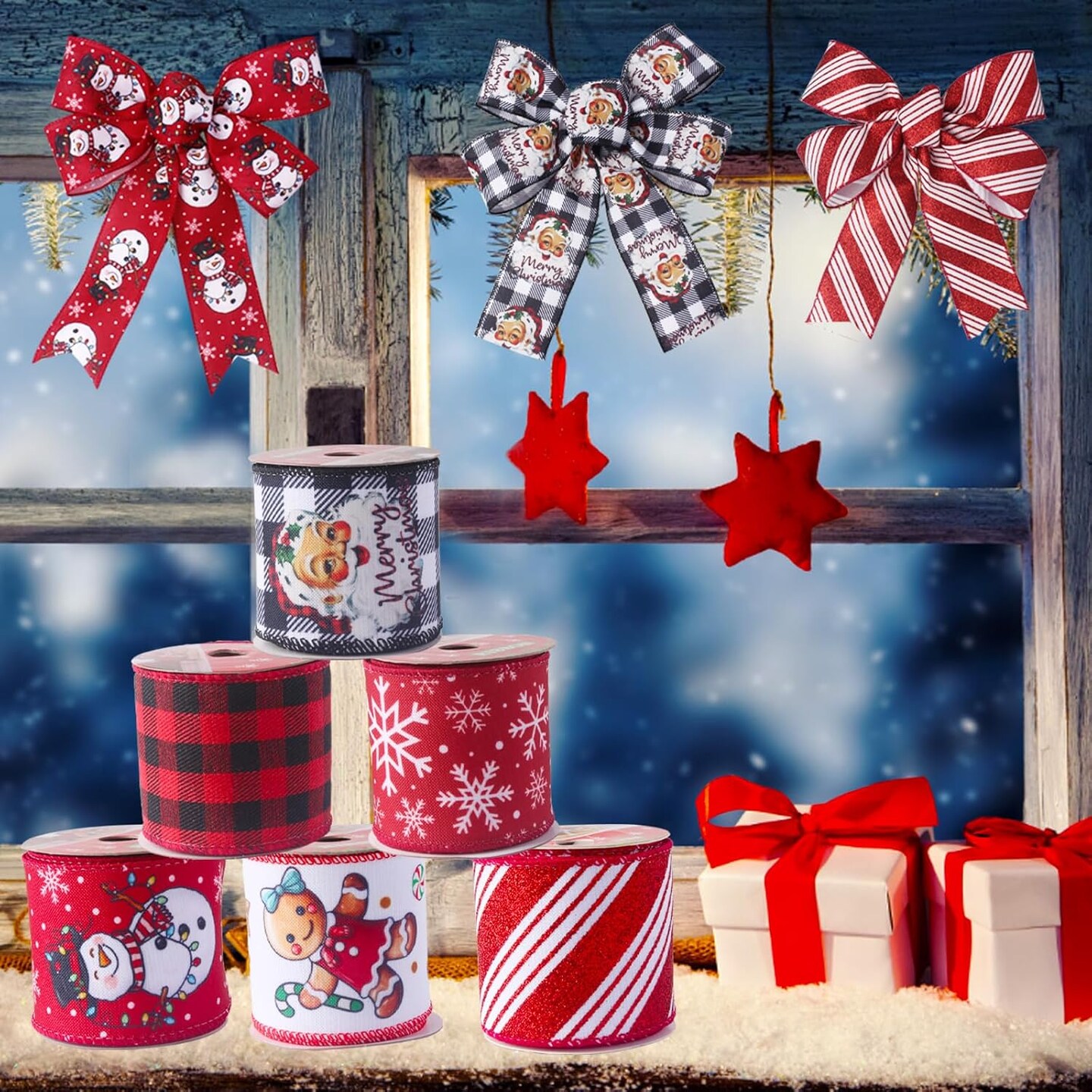 Christmas Ribbon Wired 2.5 Inch,6 Roll 30 Yards Christmas Ribbon with Wire-Snowflake/Snowman/Gingerbread Man/Santa/Glitter Stripe/Buffalo Plaid Christmas Ribbon for Wreaths Bow Tree DIY Crafts