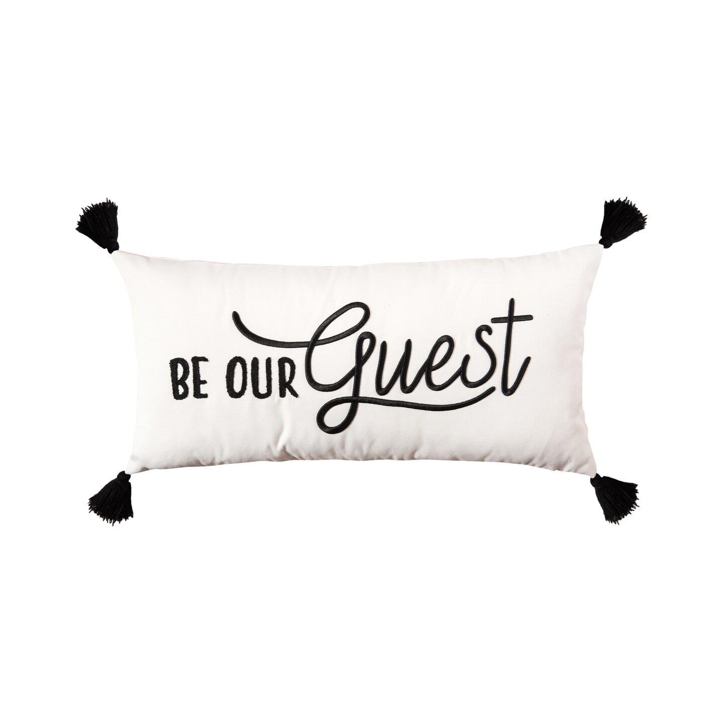 Decorative "Be Our Guest" Cursive Script Embroidered Accent Pillow, 12" x 24" w/ Black Tassels