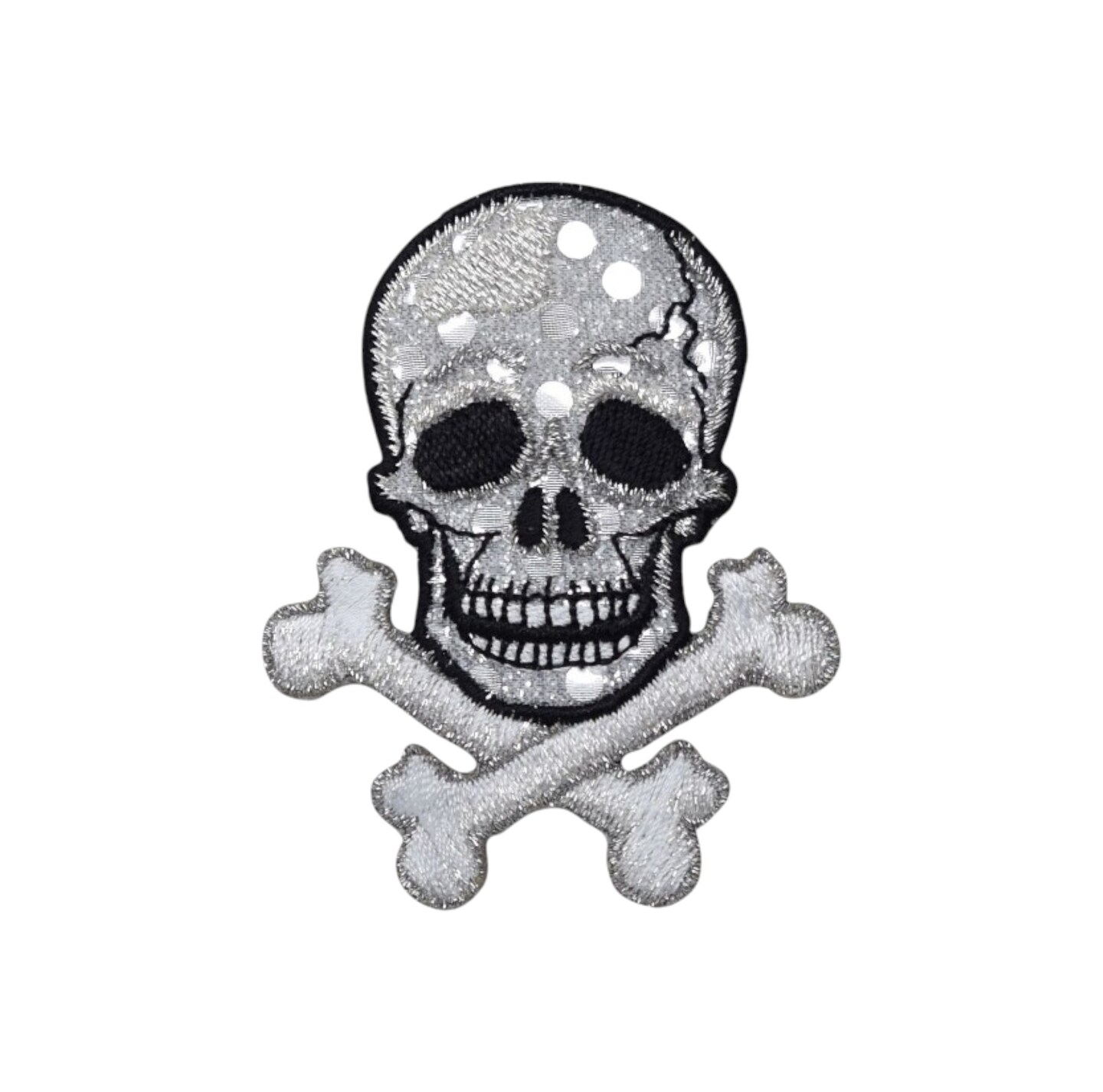 Silver Shimmery Skull, Crossbones, Embroidered, Iron on Patch