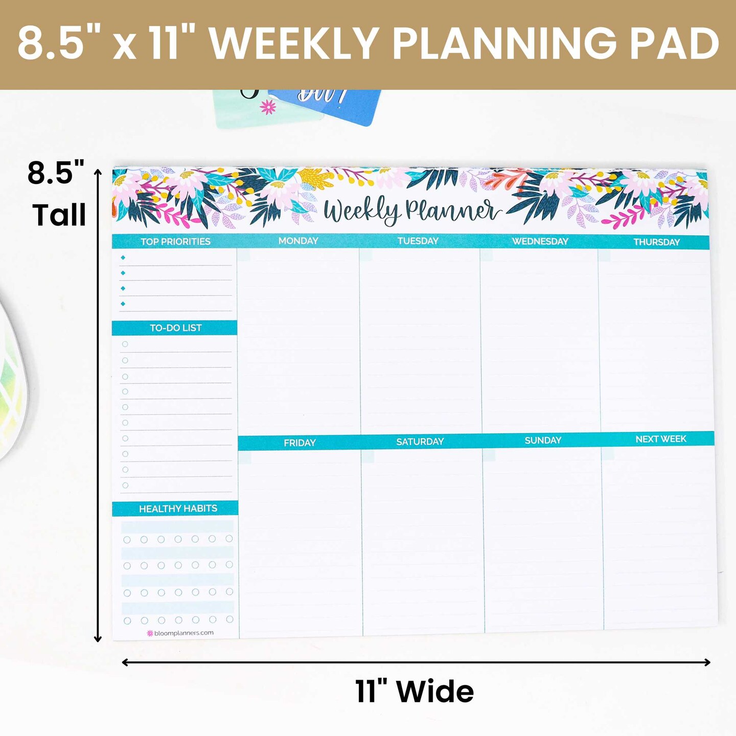 bloom daily planners Planning Pad, 8.5&#x22; x 11&#x22;, Horizontal Weekly Planner, Teal Floral