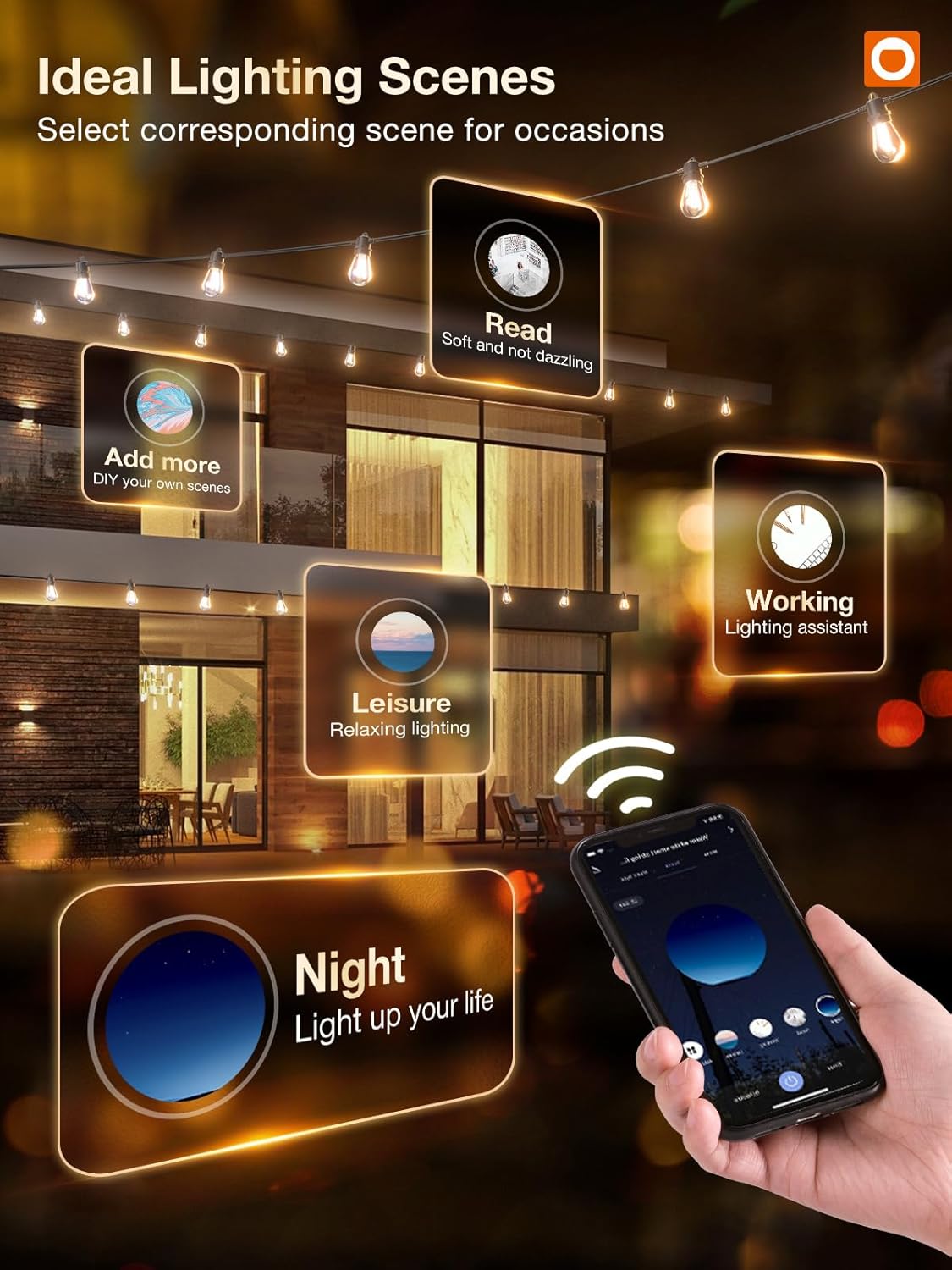 48FT Smart Outdoor String Lights with Remote, Dimmable Patio Lights with 15 LED Edison Waterproof Bulbs, String Lights for Outside Works with APP, Music Sync Outdoor Lights for Gazebo Backyard