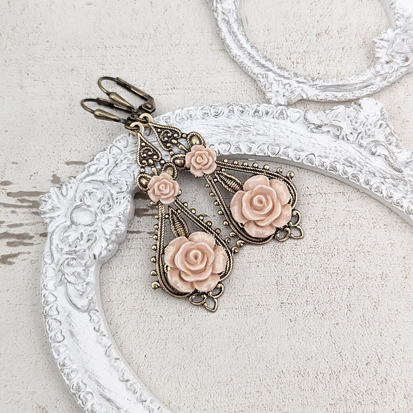 Vintage earrings rose coloured metal pewter top balls