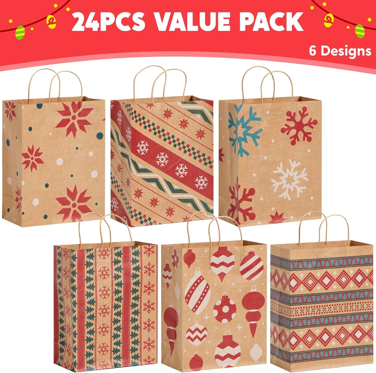 24 PCS Christmas Kraft Gift Bags Xmas Holiday Paper Goody Wrap Shopping Bags with Handles for Holiday Presents, Giant Gifts Decorations, Classrooms and Party Favors (10 x 13 x 5)