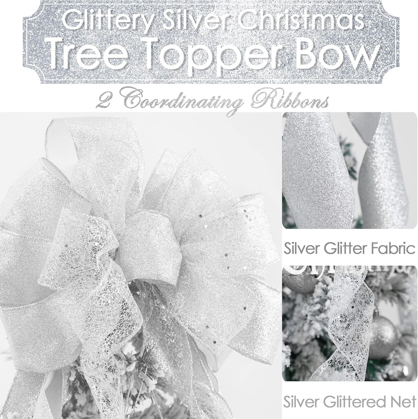 Silver Christmas Tree Topper Silver Glitter Christmas Bows 12&#x22; Wide Snowflake Ribbon Bow Silver Christmas Bows Silver Tree Topper Silver Bows for Christmas Tree (1 Pack)