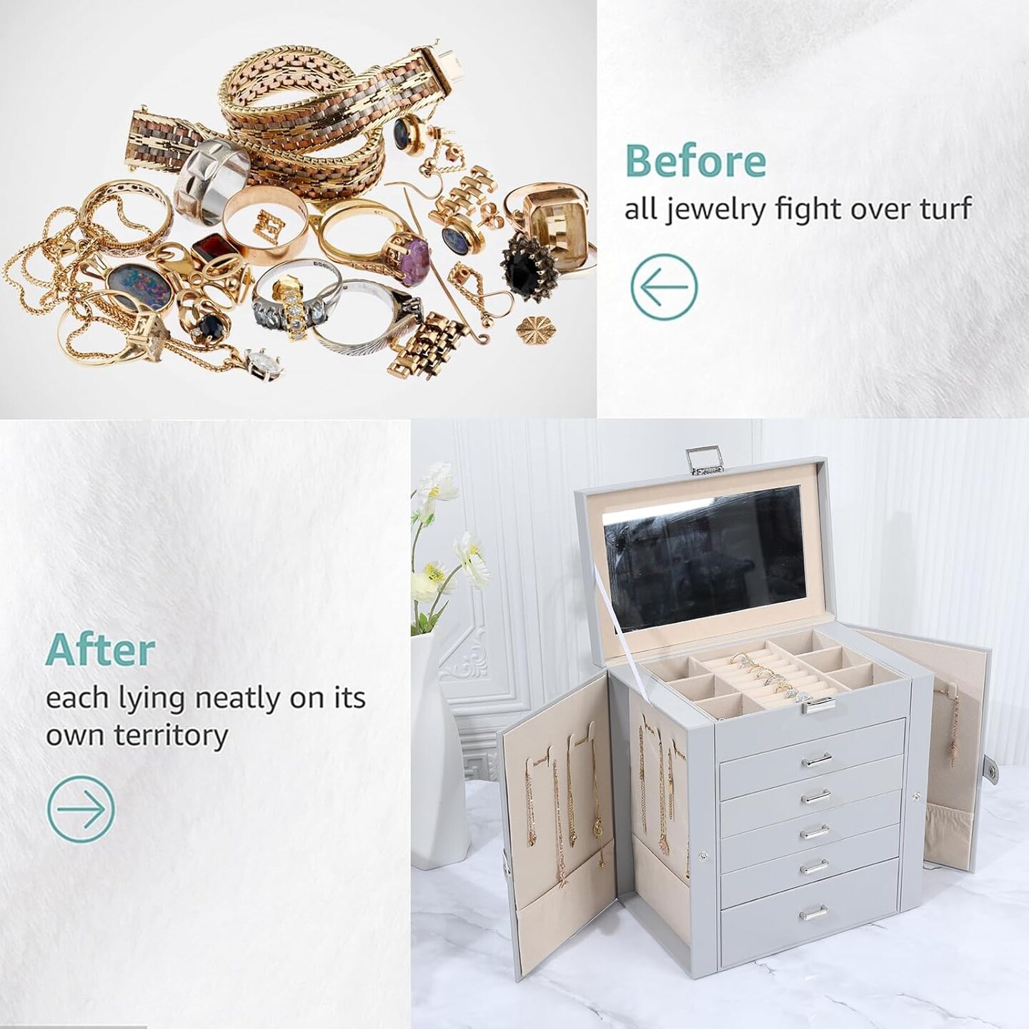 Jewelry Box for Women, 6 Layer Lockable Large Jewelry Holder Organizer with 5 Drawers for Jewelry Storage, Big Jewelry Box for Womens’ Christmas Gift (gray)