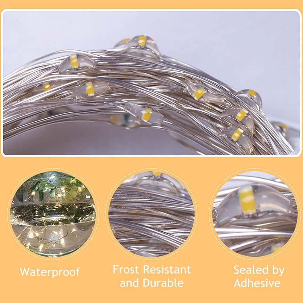 Christmas Fairy Lights Battery Operated, 33ft 100 LED Waterproof Silver Wire String Light, Remote Control & 8 Modes Indoor Outdoor Xmas Tree Wedding Party Decorations, White, 1 Pack