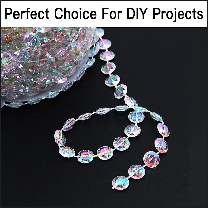 99ft Crystal Bead Garland for Christmas Tree Decorations, Iridescent Acrylic Beaded Garland Strand Roll, Hanging Christmas Decorations Indoor Home Decor, String Diamond Beads for Crafts Curtains
