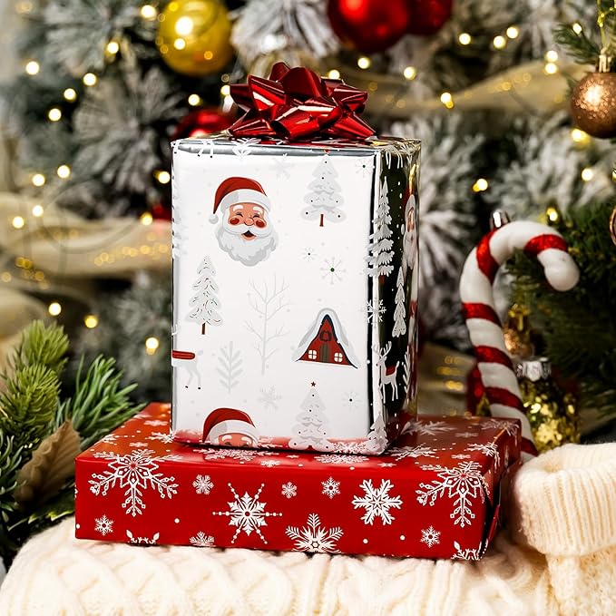 Wrapping Paper Roll - Metallic Shine Santa, Sleigh, Reindeer, Stripe, Plaid, Letterings, Snowflake for Christmas, New Year Celebration - 3 Rolls - 17 x 120 Inch Per Roll