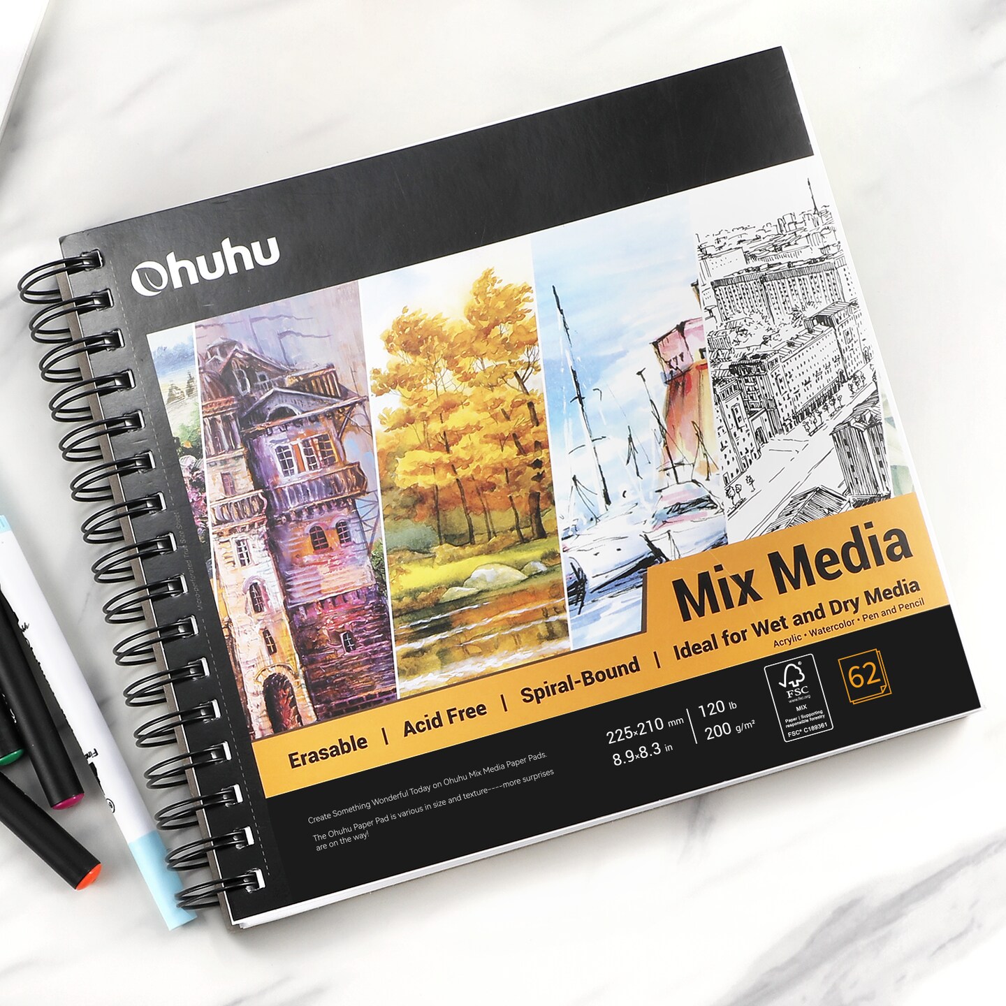 Ohuhu Mix Media Pad, Mixed Media Art Sketchbook, 120 LB/200 GSM Heavyweight Papers, Spiral Bound Mixed Media Paper Pad for Acrylic, Painting Christmas Gift