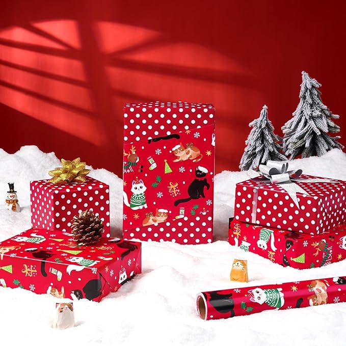 - 1 Roll 17” x 33 ft Kitty Red Kids Christmas Wrapping Paper Birthday Party Gift Funny Christmas Wrap Decoration Polka Dot