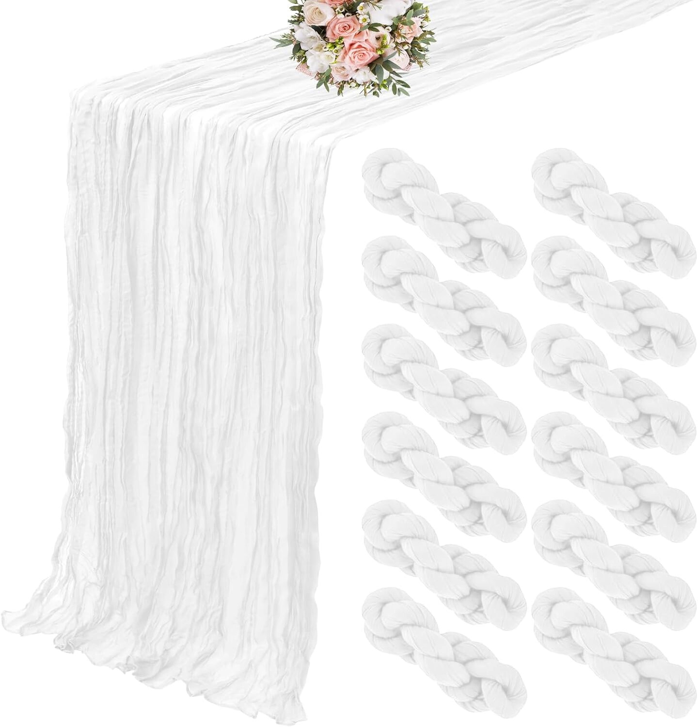 12 Pack Cheesecloth Table Runner 20 x 120 inch Cheese Cloth Table Runner Bulk,Romantic Boho Sheer Gauze Fabric Table Runners for Wedding Reception,Party,Bridal Shower Table Decor(White)