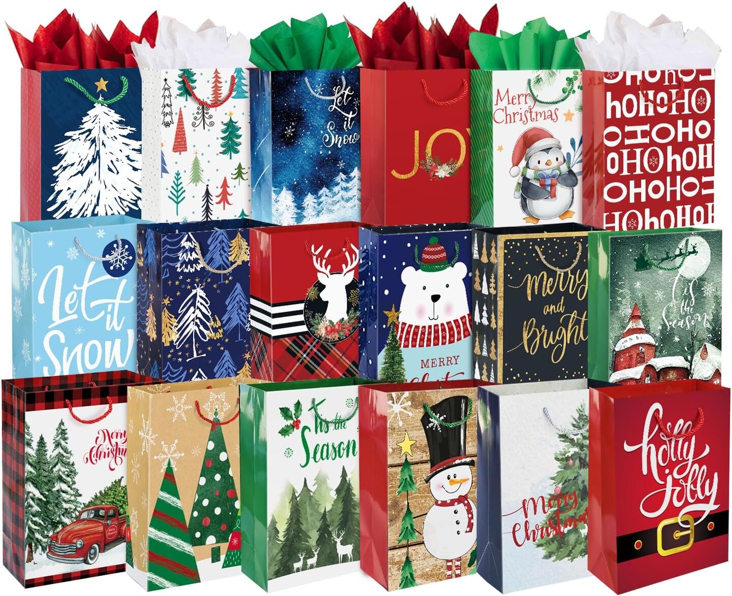 24 Large Christmas Gift Bags Bulk With Handles, 26 Tissue Paper and 60 Count Christmas Gift Tags Set-24 Assorted Designs Big Size Sacks Set For Wrapping Xmas Holiday Presents