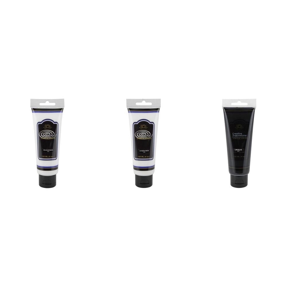 Creative Inspirations Acrylic Paint Black and White Set of 3, 120mL Tubes, Smooth & Creamy Consistency, Vibrant Pigmentation, Great Coverage for Artists - Clean Up with Soap & Water