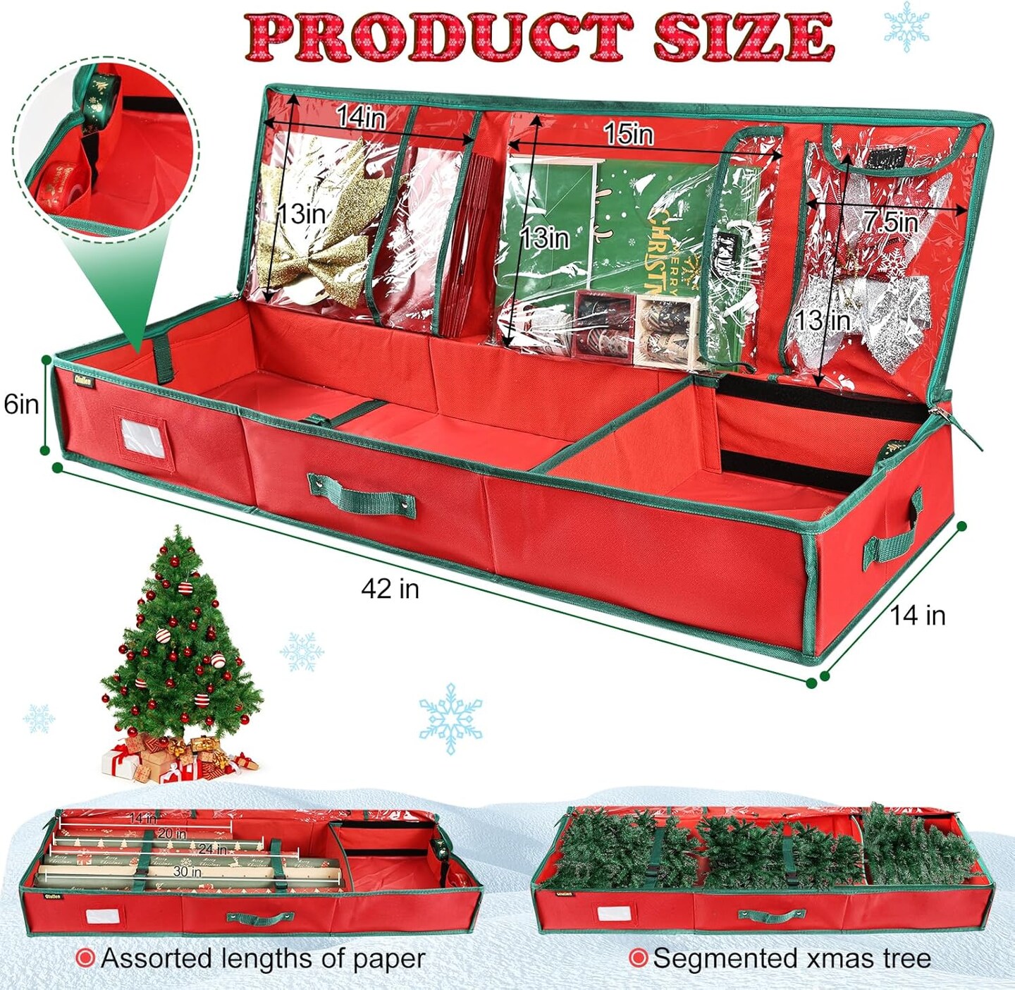 42&#x27;&#x27; Gift Wrap Organizer Christmas Wrapping Paper Storage Sturdy 600D Oxford Fabric Xmas Accessories Containers Bag Large Capacity Ornaments Storage Box (Red)