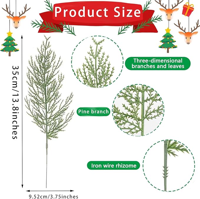 25pcs Artificial Pine Branches - Faux Cedar Stems for DIY Christmas Wreaths, Garland, and Home Decorations