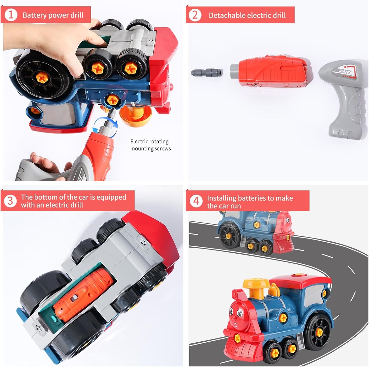 Toy Train with Electric Motor, Battery Operated Train Toys for Toddlers, Take Apart Locomotive Toys with Electric Drill, Kids Gift for Girls, Boys Ages 3+
