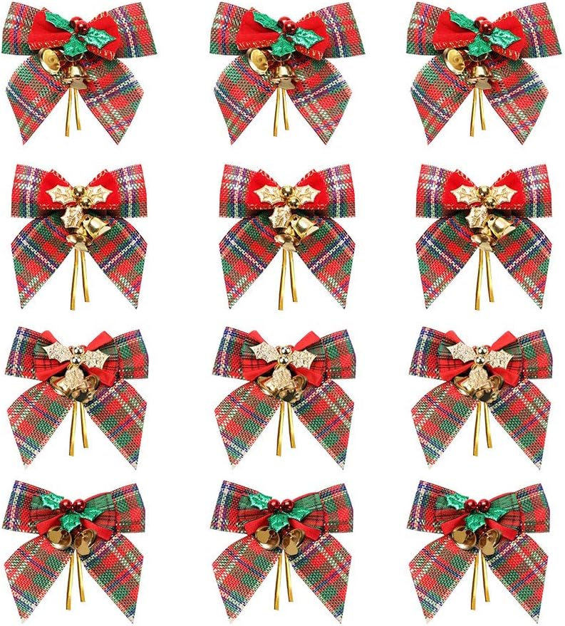 12 Pack Christmas Red Green Plaid Tree Bows, Linen Bowknot Wreath Bow with Jingle Bells for Christmas Garland Tree, Crafts, Wrapping, Wreath Xmas Hanging Ornaments Decor
