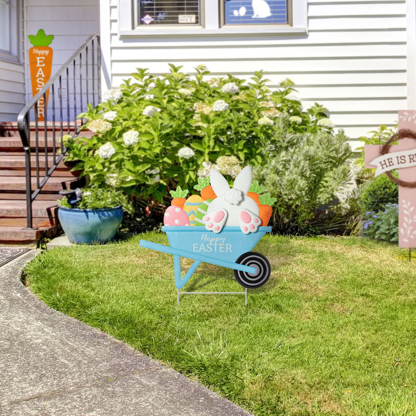 24&#x22;H Easter Metal Wheel Barrow Yard Stake(KD, Two Functions)