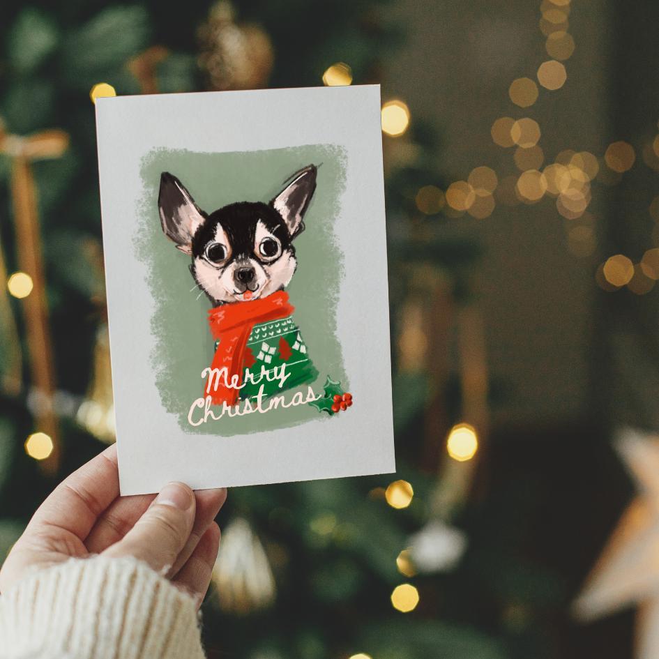 Merry Christmas Chihuahua Lovers Mini Art Print, Xmas Small Dog Wall Art,  Festive Holiday Home Decor Poster for dog owners, winter puppy