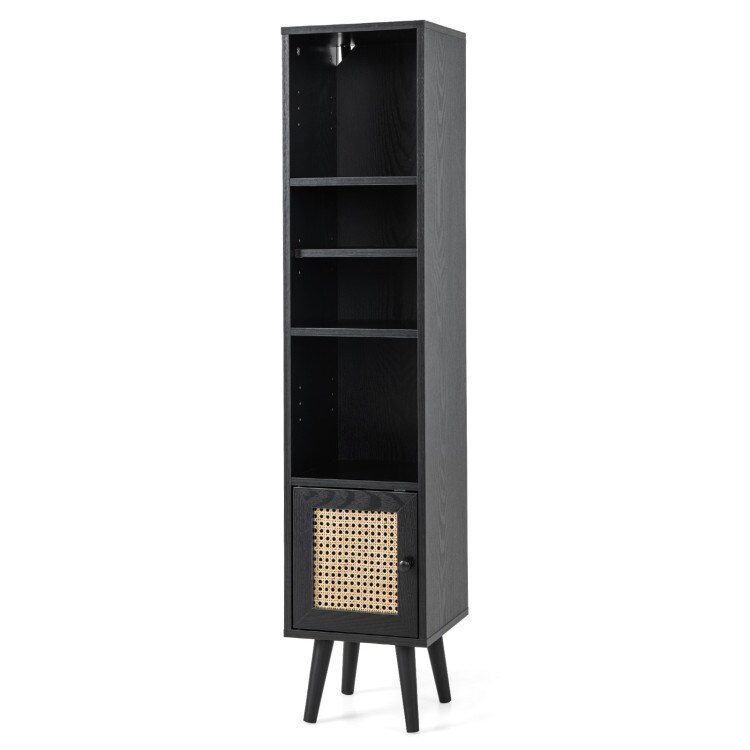 Black Wood and Rattan Floor Cabinet with Adjustable Shelf and Anti-Tip Kits