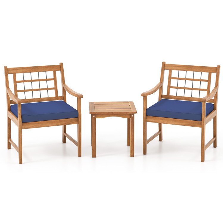 3-Piece Outdoor Furniture Set with Natural Wood Finish and Cushioned Chairs Included Coffee Table