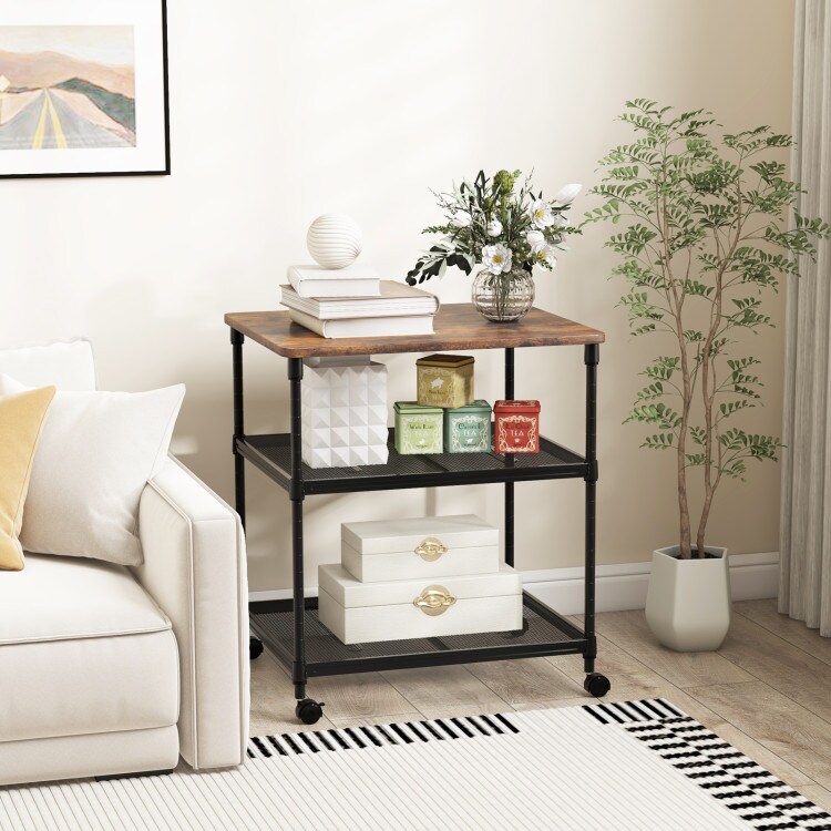 3-Tier Coffee Wooden Rolling Printer Cart with Lockable Wheels and Adjustable Storage Shelves