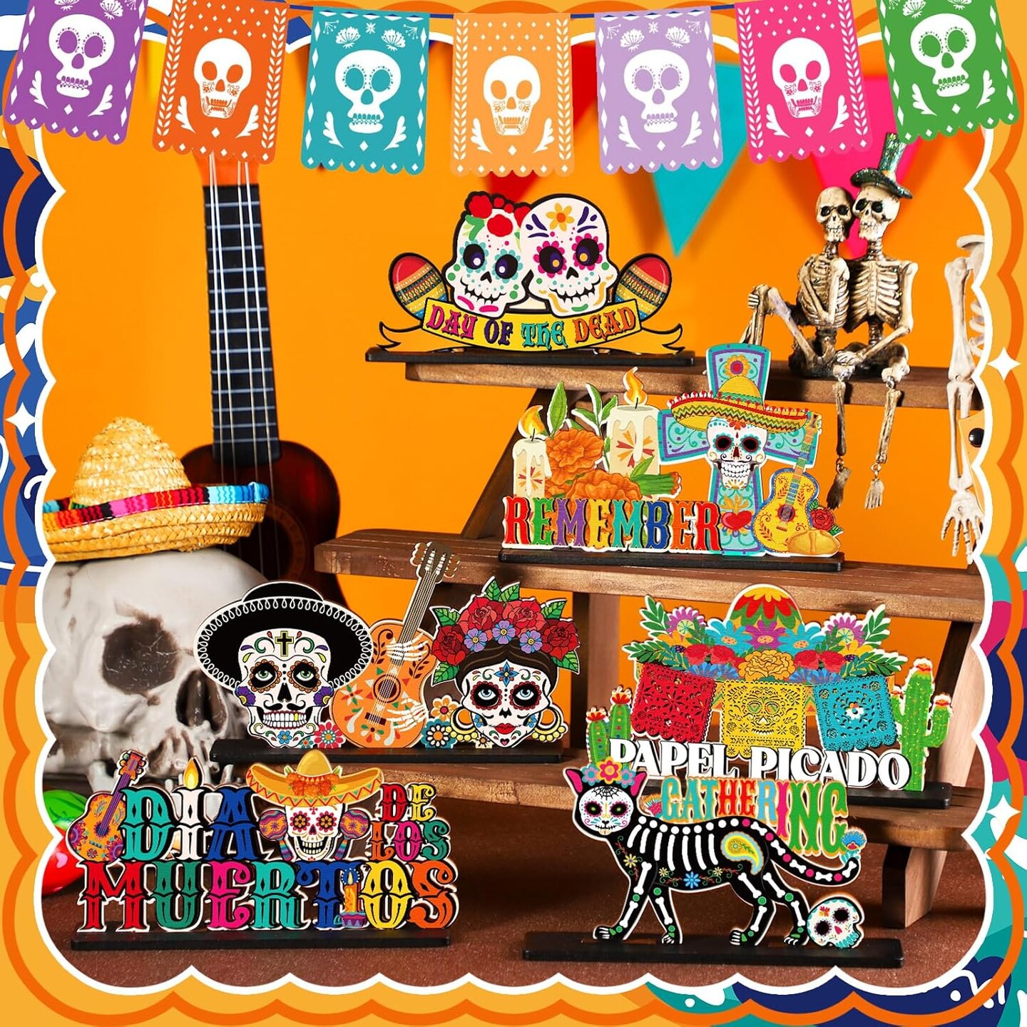 6 Pcs Day of The Dead Table Decorations Dia De Los Muertos Altar Wooden Centerpiece Sugar Skull Decor Day of The Dead Decor