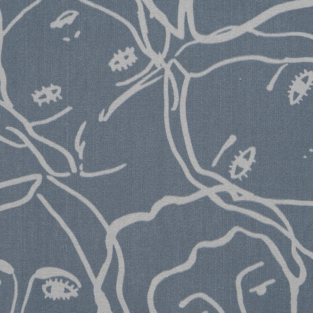 1 Yard Steel Gray Cotton Poplin Fabric with Linework Faces Print