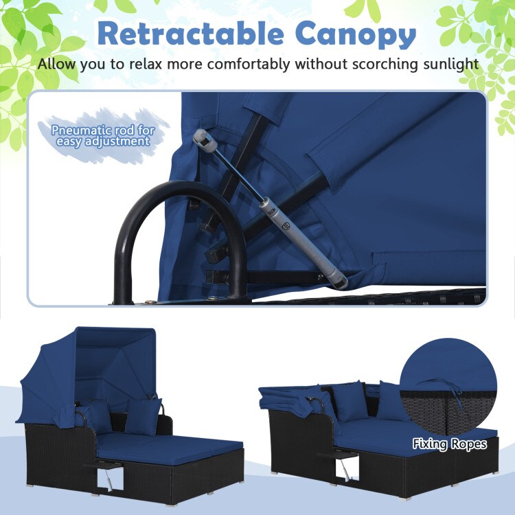Outdoor Rattan Daybed With Canopy PE Wicker Patio Lounge Sofa Set With Cushions Poolside Garden Double Sun Bed Furniture