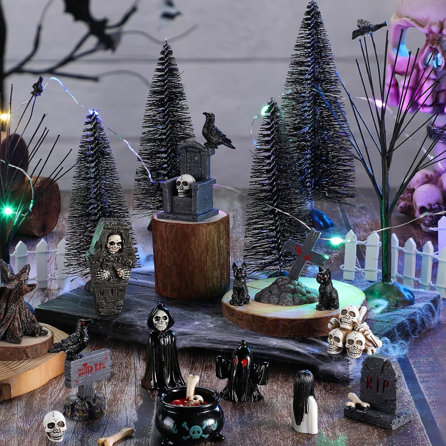Halloween Figurines Spooky Bare Branches Tombstones Skeleton Skulls