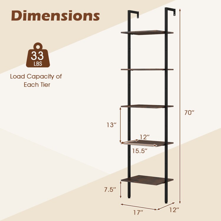Rustic Brown-Black Metal Ladder Bookshelf 5-Tier Wall-Mounted Shelf