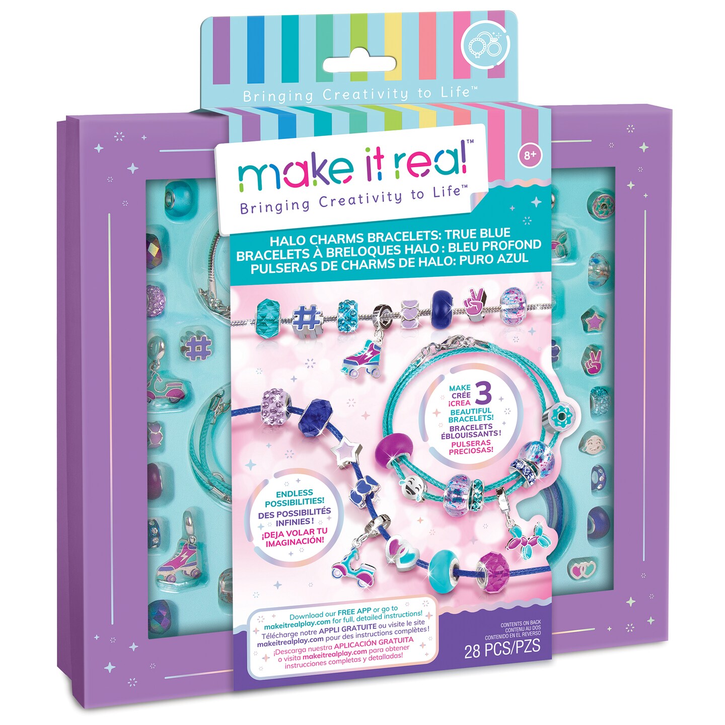 Make It Real: Halo Charms Bracelets - True Blue - Create 3 Metallic Bracelets, 28 Pieces, All-In-One, DIY Unique Charm &#x26; Bead Jewelry Kit, Tweens &#x26; Girls, Arts &#x26; Crafts, Kids Ages 8+