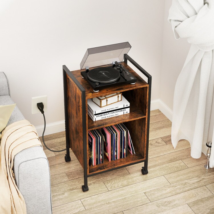 Rustic Brown-Black Metal 3-Tier Vinyl Record Stand with Power and Wheels