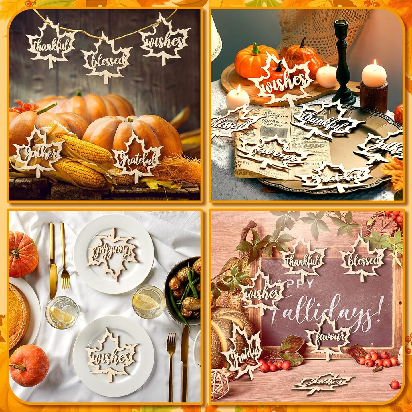 24 Pieces Fall Thanksgiving Maple Wooden Plate Decor(Wood)