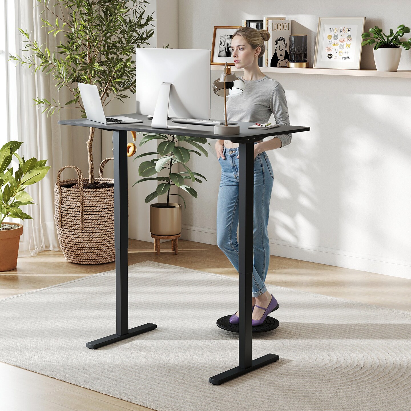 Height Adjustable Sit Stand Desk with Headphone Hook and Ties