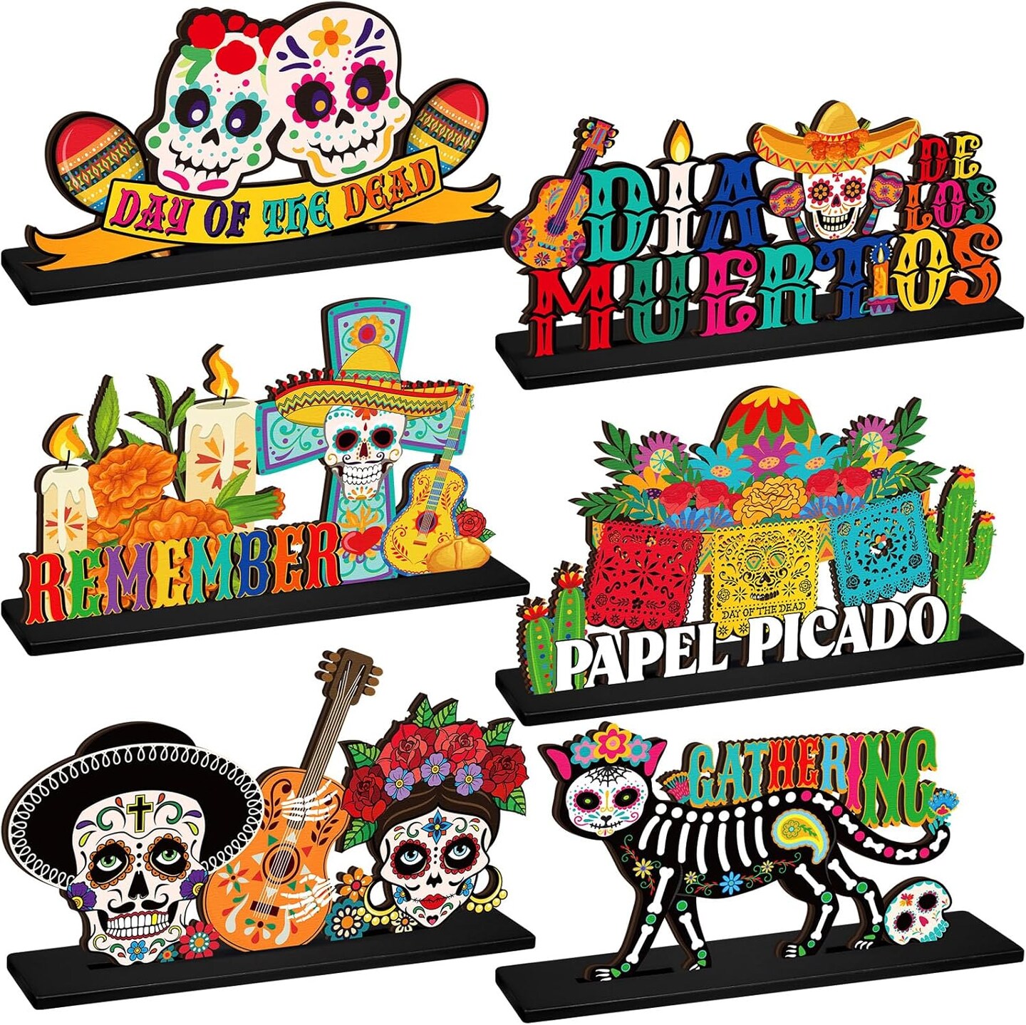 6 Pcs Day of The Dead Table Decorations Dia De Los Muertos Altar Wooden Centerpiece Sugar Skull Decor Day of The Dead Decor
