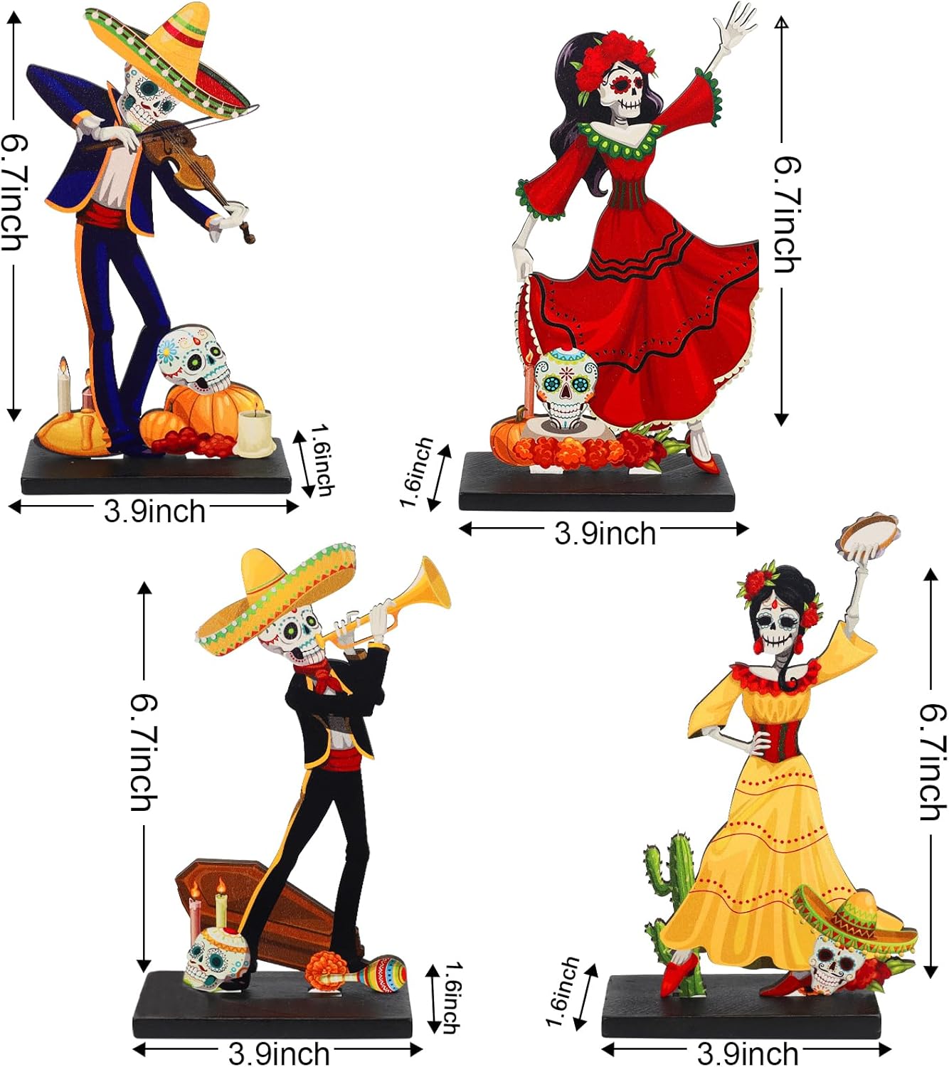 4 Pieces Day of The Dead Table Top Decorations Wooden Halloween Sign for Mexican Fiesta Decorations
