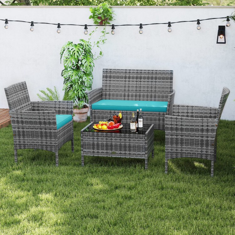 4-Piece Mix Grey Rattan Patio Furniture Set with Loveseat Chairs and Tempered Glass Table