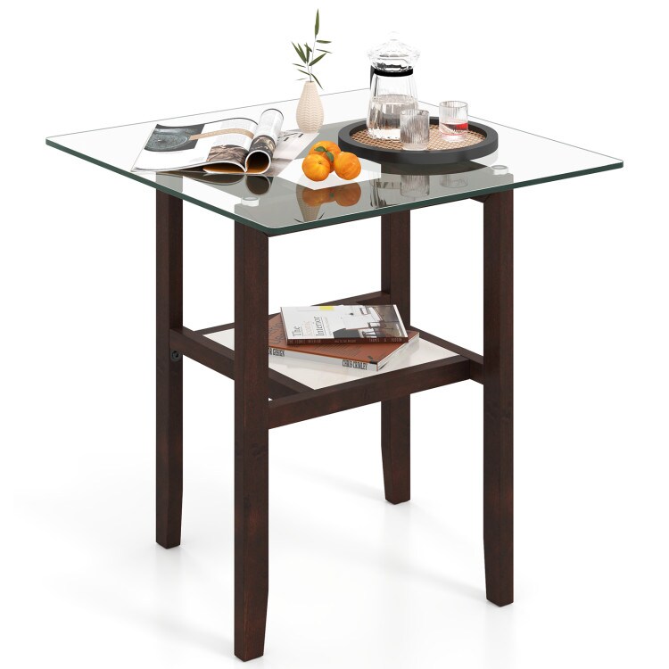 Transparent-Brown Tempered Glass 2-Tier Coffee Table with Rubber Wood Frame