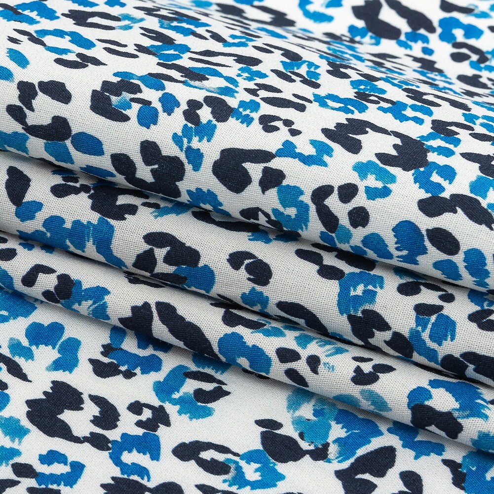 1 Yard Blue and White Cotton Poplin Fabric with Leopard Spot Animal Print