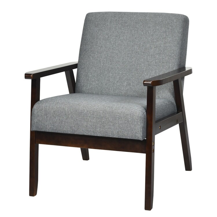 Grey Linen Accent Chair with Rubber Wood Frame and Ergonomic Design