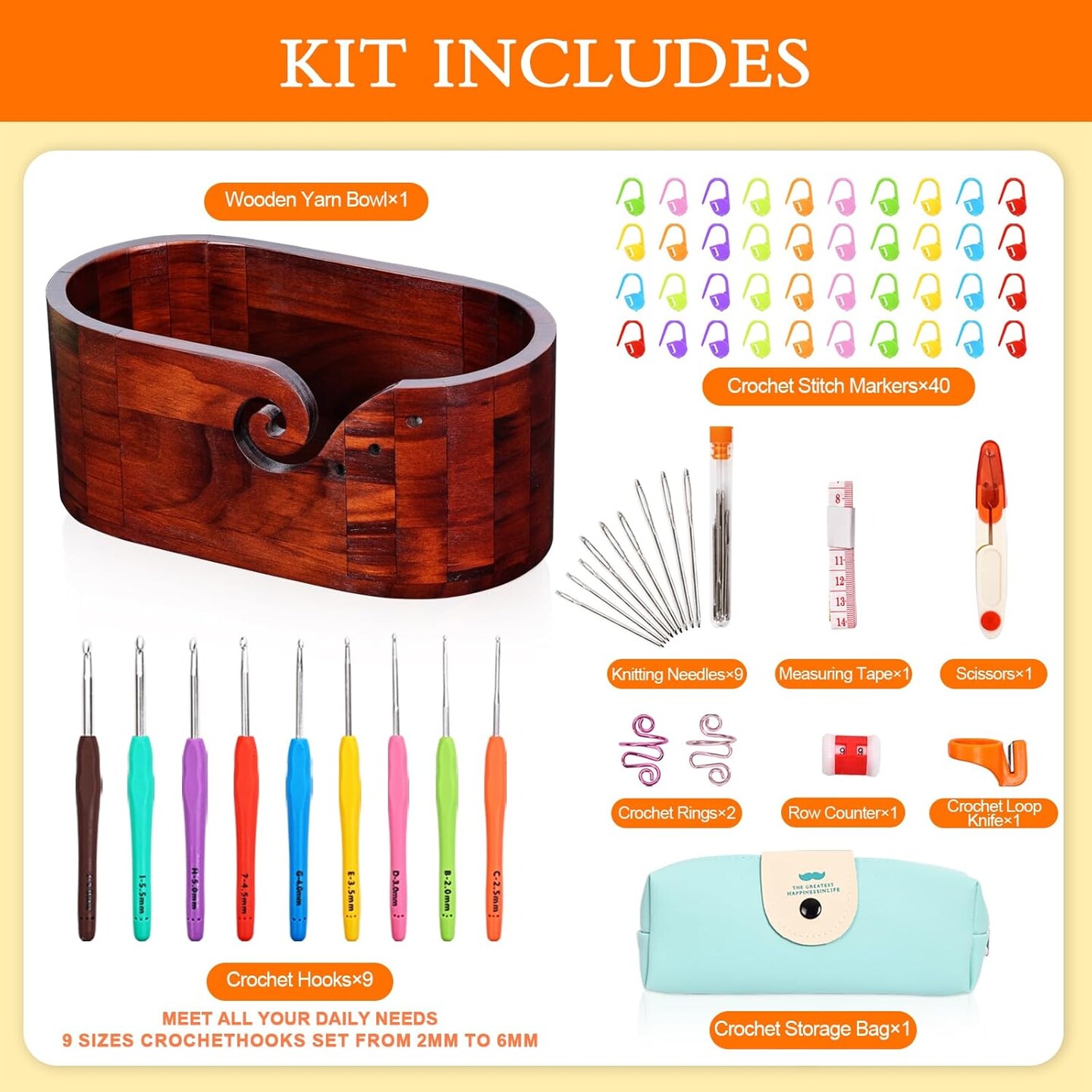 66 Pack Crochet Kit -Large Yarn Bowls for Crocheting,Crochet Storage (Include 9 Sizes Crochet Hook Set)
