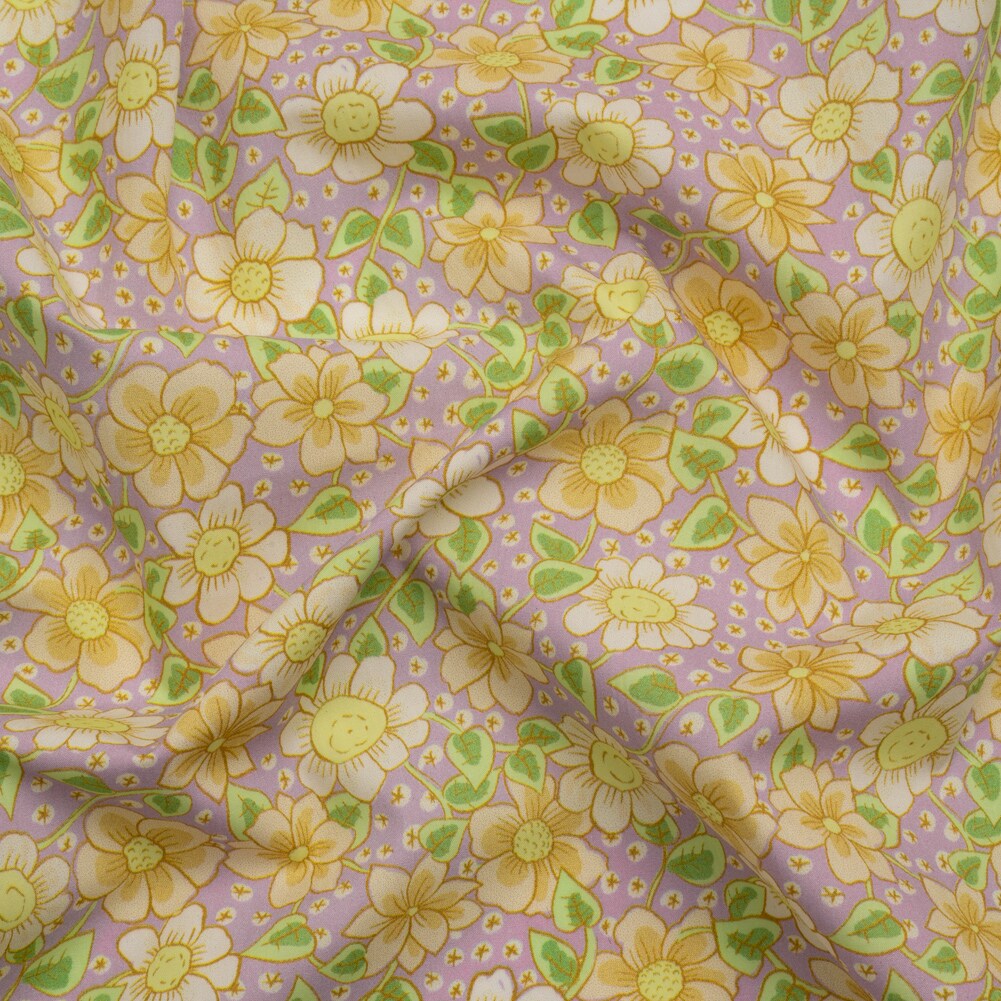 1 Yard Lilac Cotton Poplin Fabric with Daisy Floral Print Lightweight