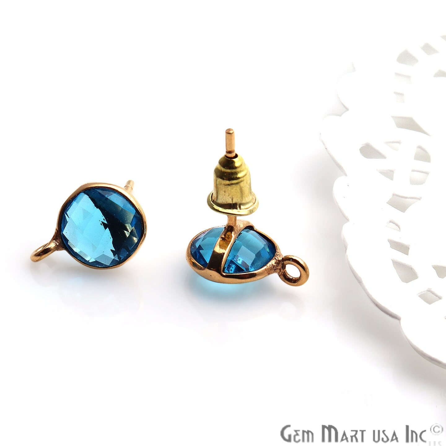 Round Gemstone Stud Earrings with Loop, 12x9mm Gold Plated DIY Earring Findings, GemMartUSA (90023)