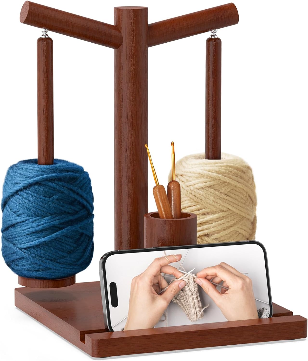 Upgraded Magnetic Rotating Yarn Spinner with 2 Spindles,Wooden Yarn Holder