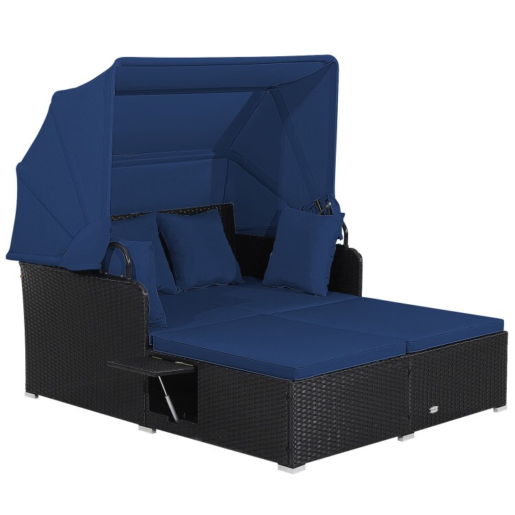 Outdoor Rattan Daybed With Canopy PE Wicker Patio Lounge Sofa Set With Cushions Poolside Garden Double Sun Bed Furniture