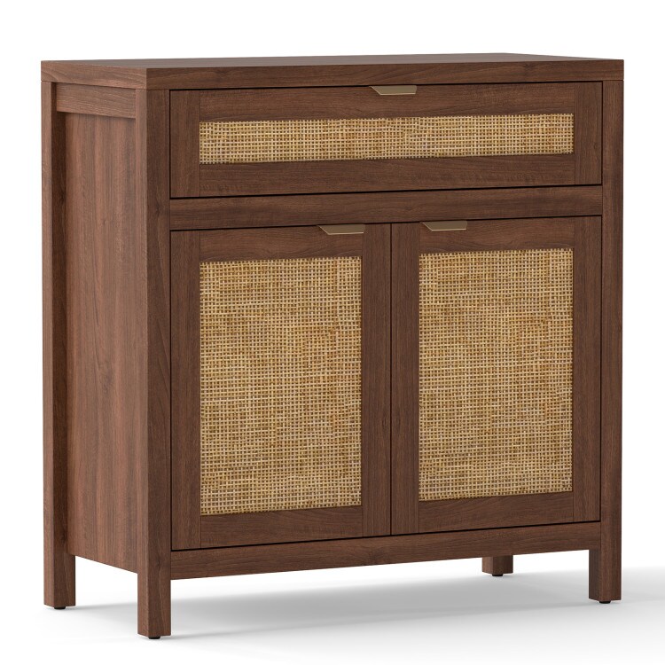 Brown-Natural Wood Sideboard Cabinet with Rattan Accents and Adjustable Shelf
