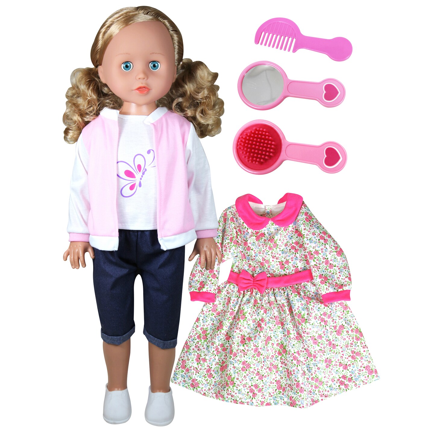 Lissi: Walking Doll: 27.5" Pink & Butterfly - Two Outfits, Jeans & Tops, Pink & Flower Dress, Hair Brush, Comb & Mirror Accessories, Toy Kids Ages 2+