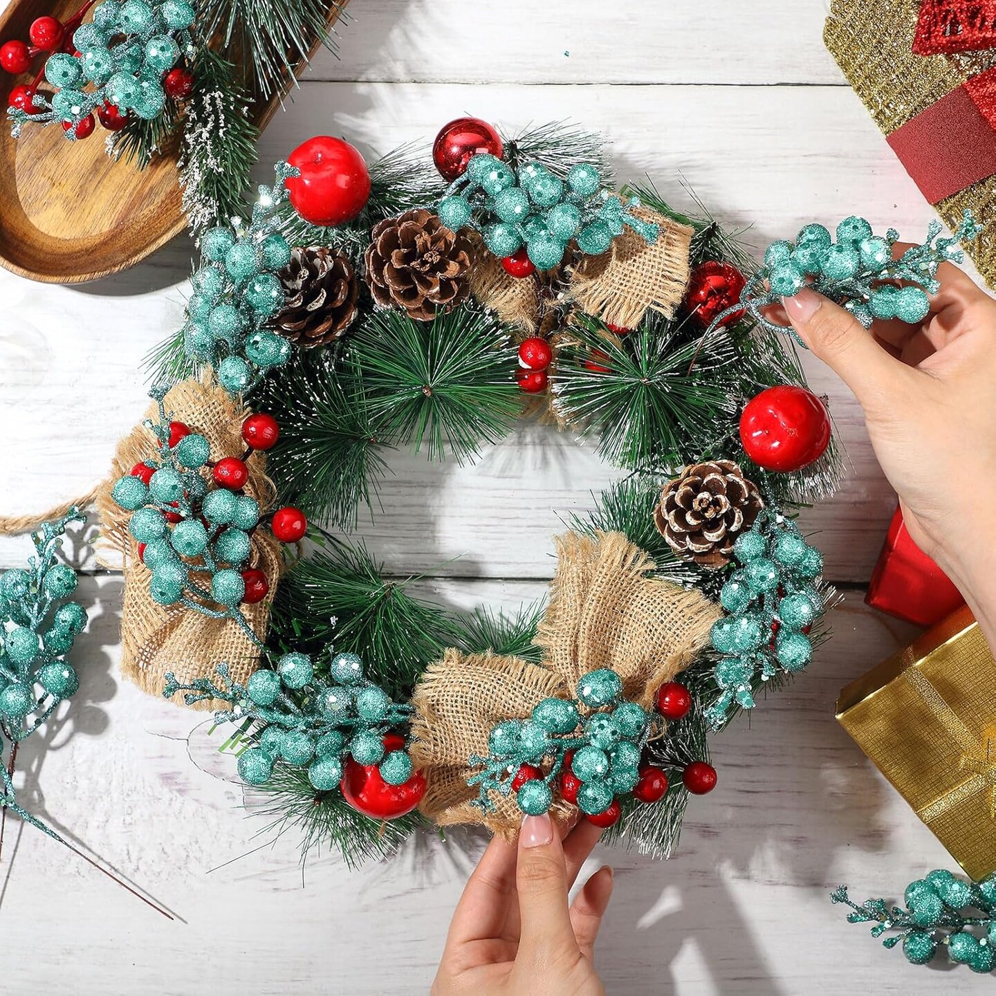 Christmas Glittered Berries Stems (Turquoise)